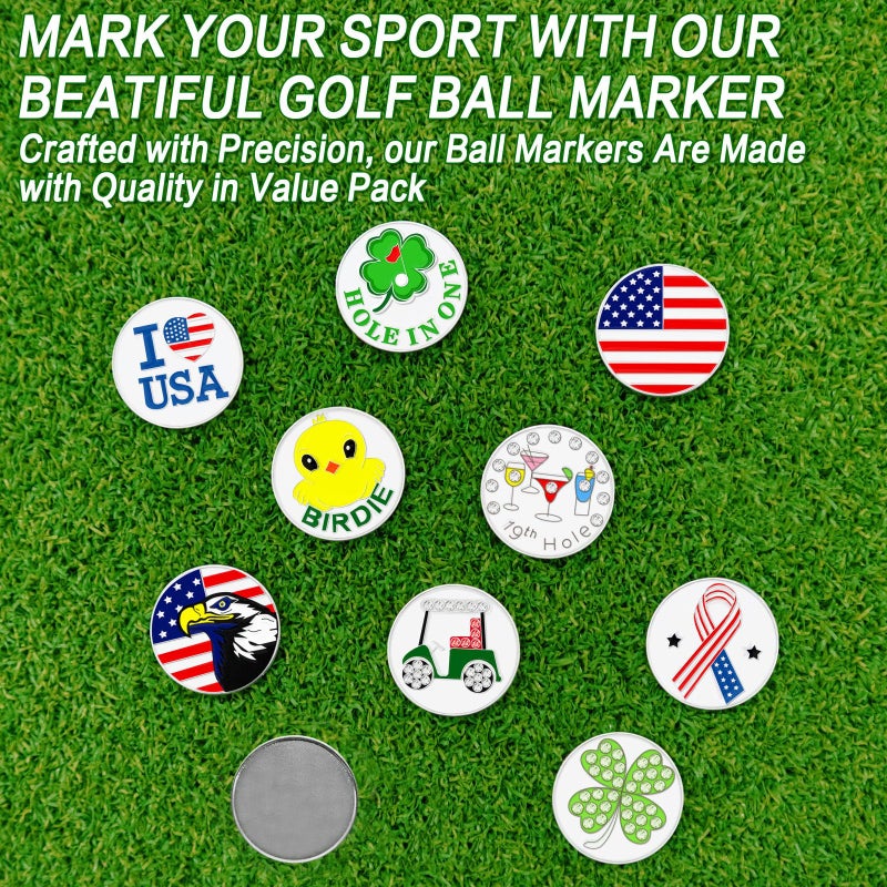 FINGER TEN Golf Ball Marker with Hat Clip Markers Assorted Patterns Value Gift Set Mark Golf Divot Tool Accessories for Men Women Kids (American Flag) - Image 5